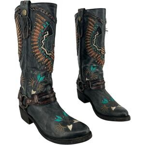 Women's Black Corral Eagle Overlay w/ Embroidery & Harness Biker Boots 10M A3616